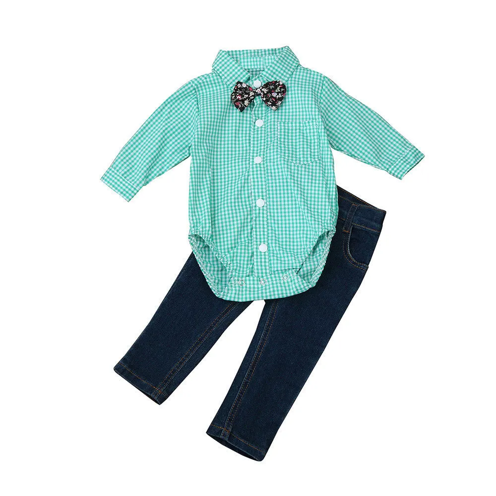 2 Piece Little Gentleman Checker Collar Shirt Onesie and Pants Set  *Bow Tie Not Included*