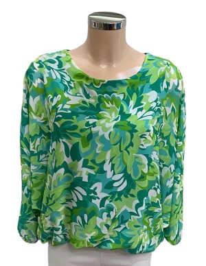 Abstract Green Leaf Print Chiffon Blouse