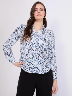 Abstract Print Button-Front Blouse With Smocked Details