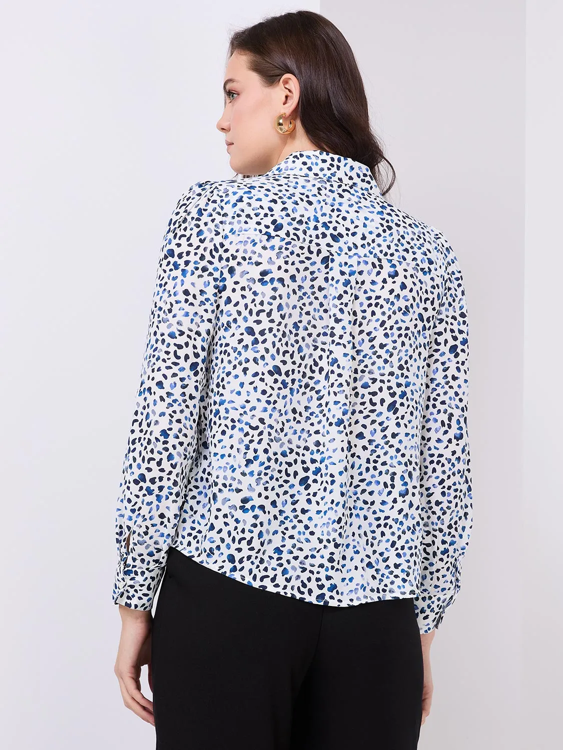 Abstract Print Button-Front Blouse With Smocked Details