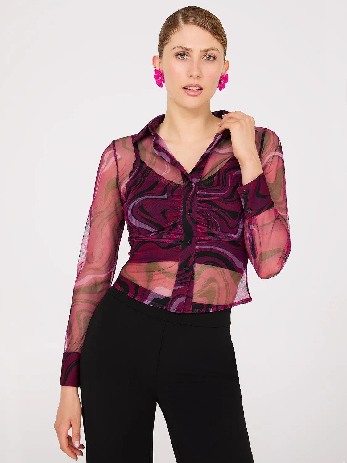 Abstract Print Ruched Button-Front Mesh Blouse