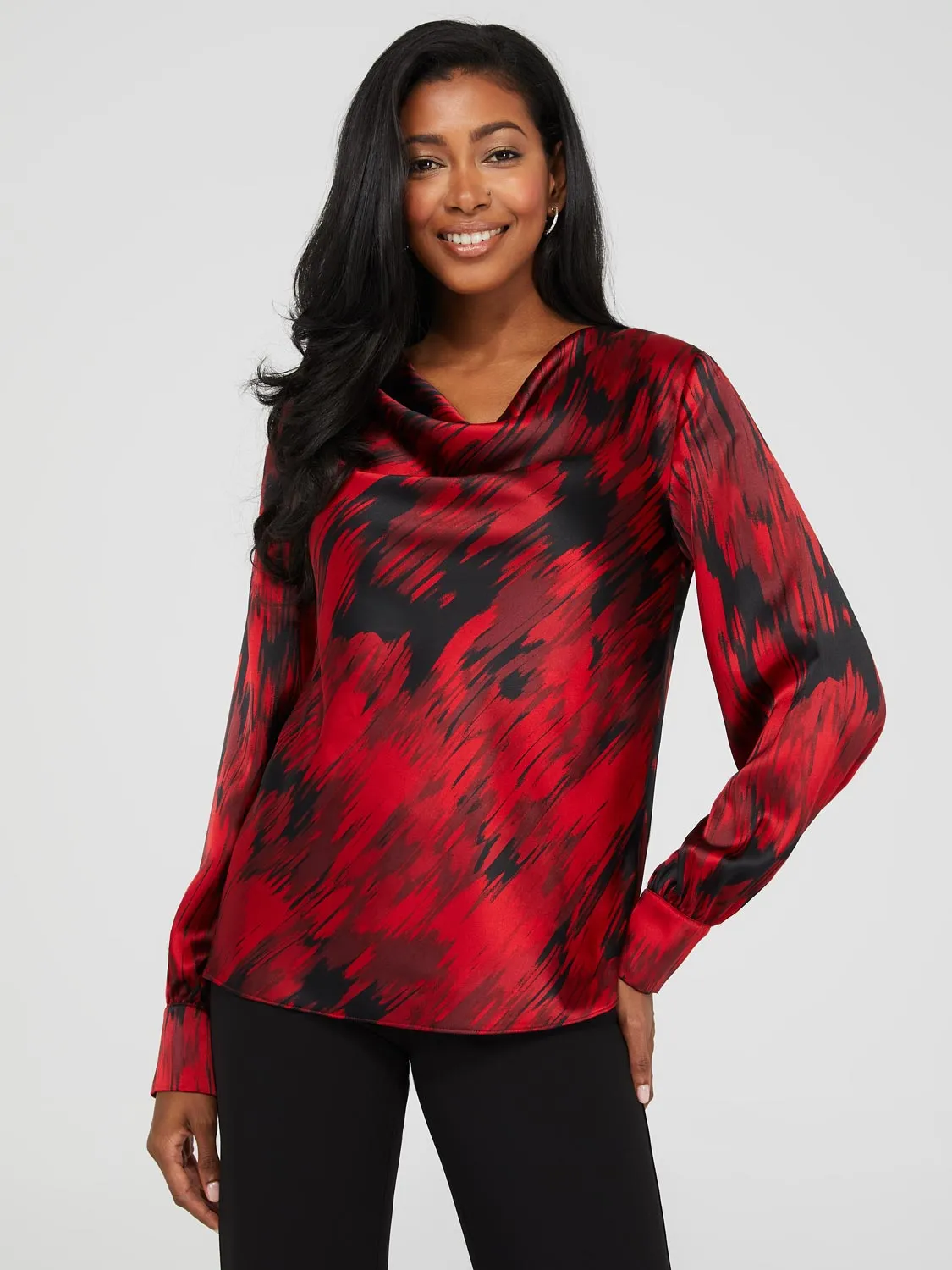 Abstract Print Satin Cowl Neck Blouse