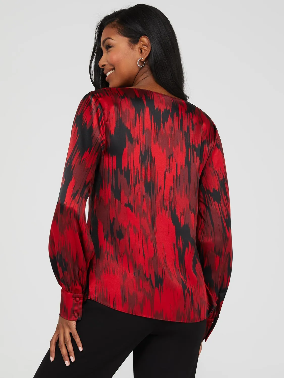 Abstract Print Satin Cowl Neck Blouse