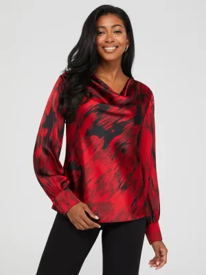 Abstract Print Satin Cowl Neck Blouse