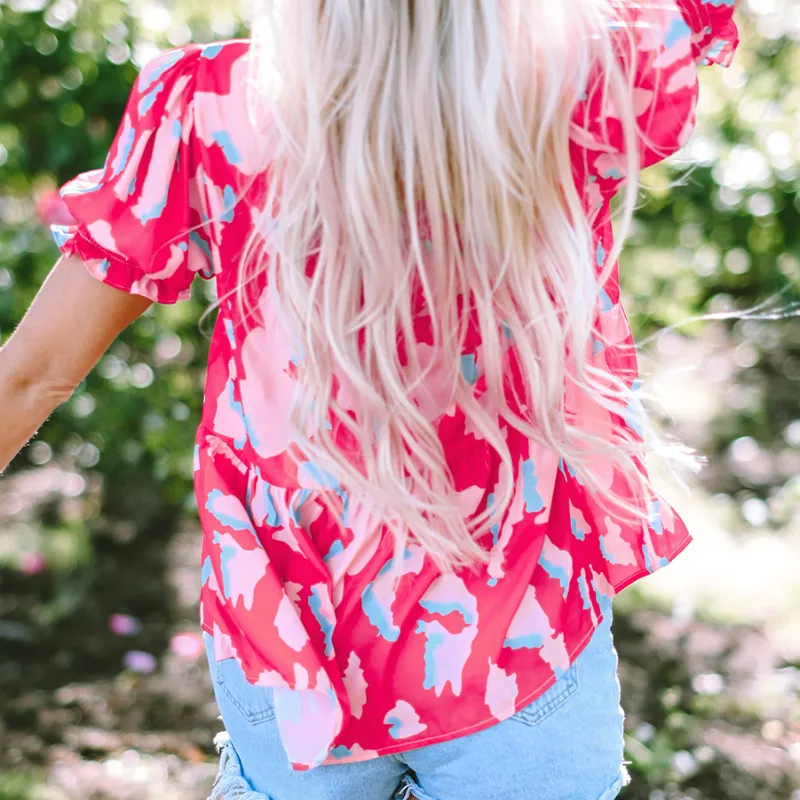 Abstract Print Smocked Blouse Rose