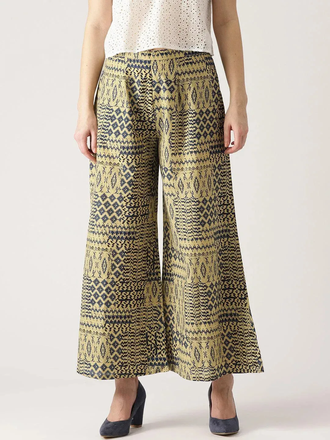 Beige Abstract Cotton Palazzos