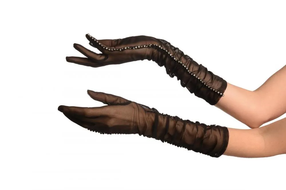 Black Fine Mesh With Crystals Seam Gloves