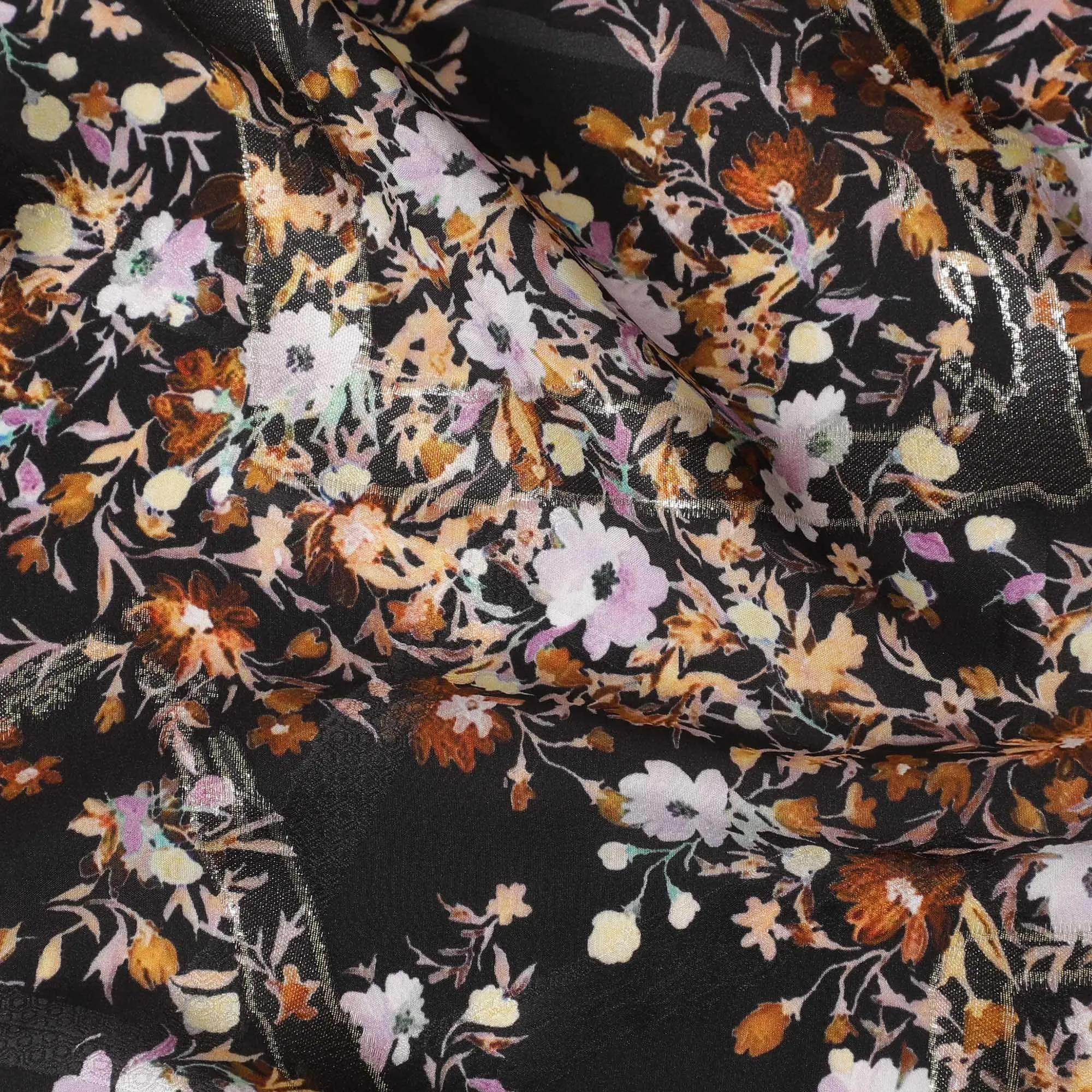 Black Premium pure silk crepe fabric with multicolor print having gold metallic lurex in floral design-D15731