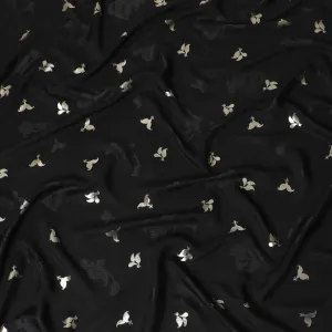 Black Premium pure silk crepe fabric with same tone jacquard having gold metallic lurex weave in floral design-D14638