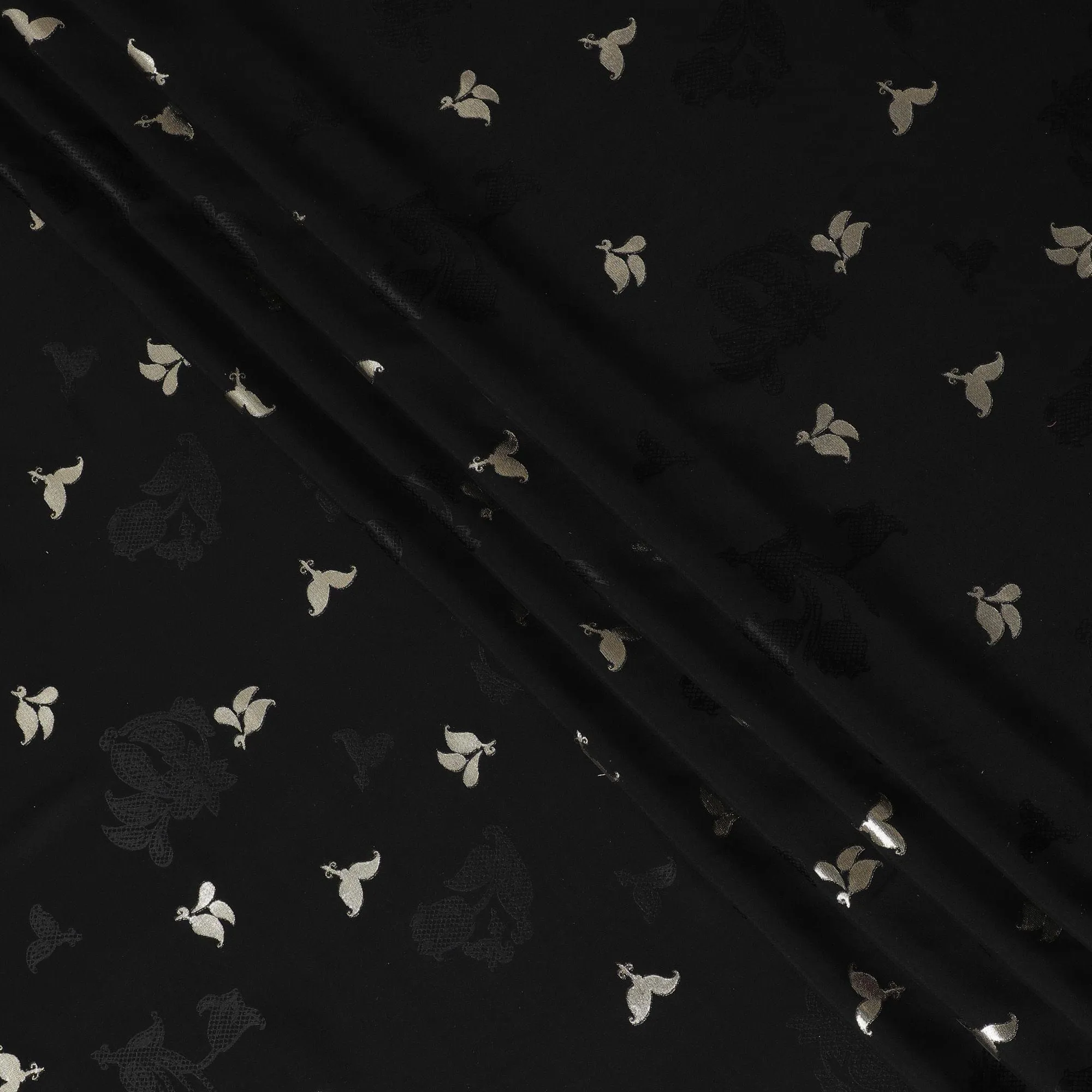 Black Premium pure silk crepe fabric with same tone jacquard having gold metallic lurex weave in floral design-D14638