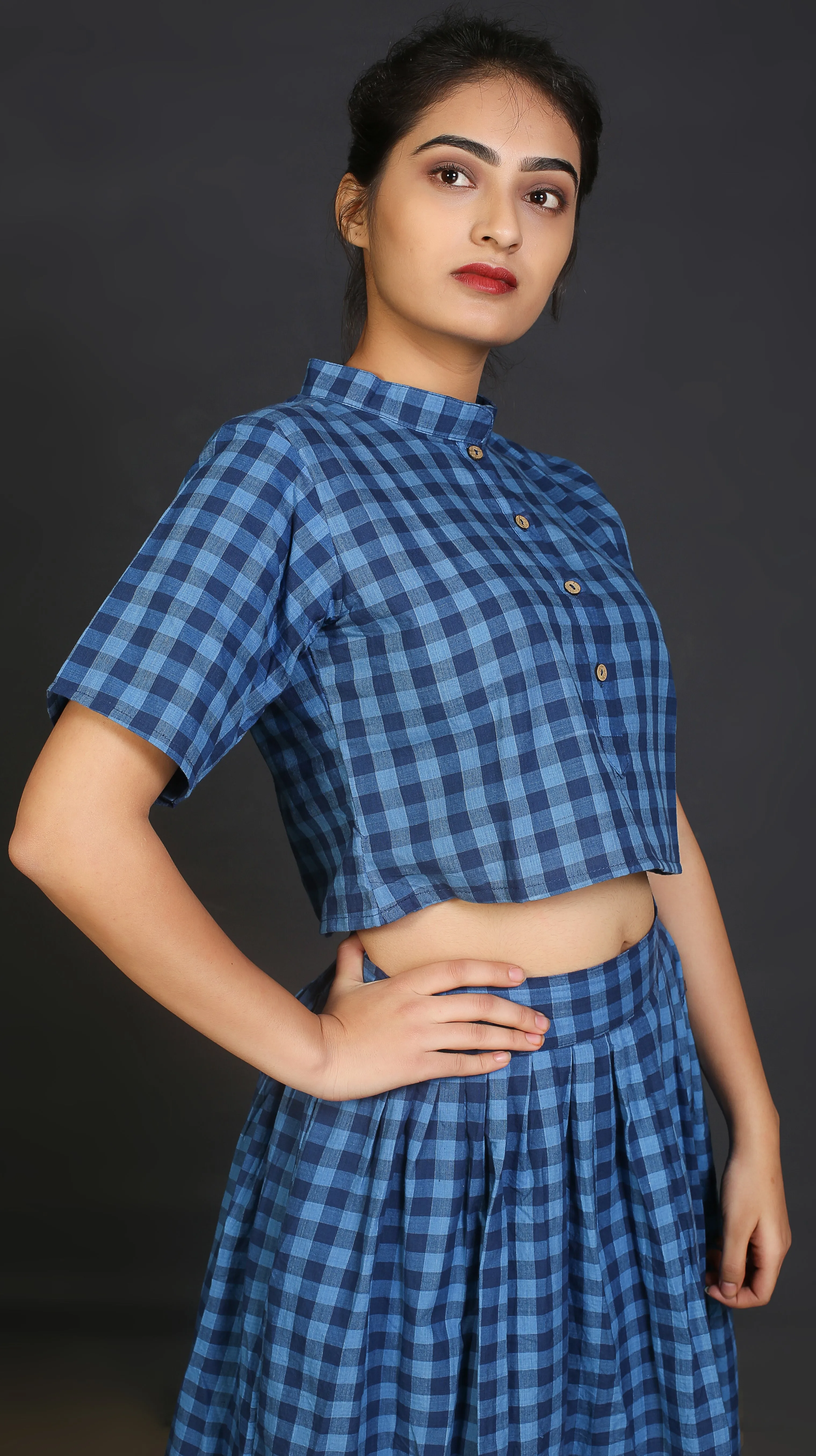 Blue mandarin collar crop top