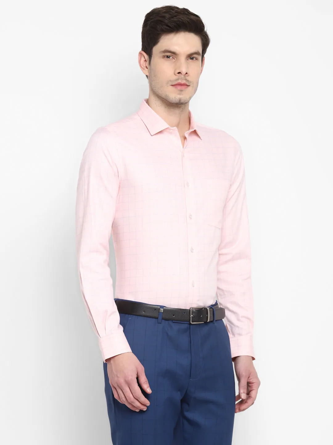 Checked Peach Slim Fit Formal Shirt