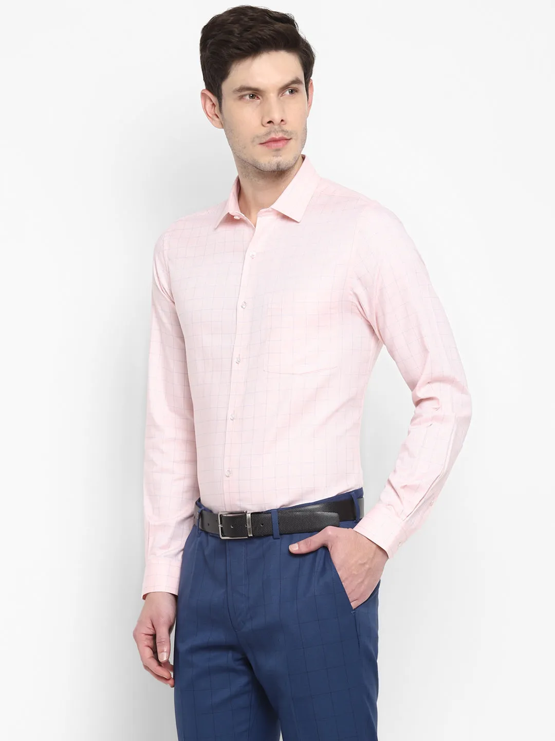 Checked Peach Slim Fit Formal Shirt