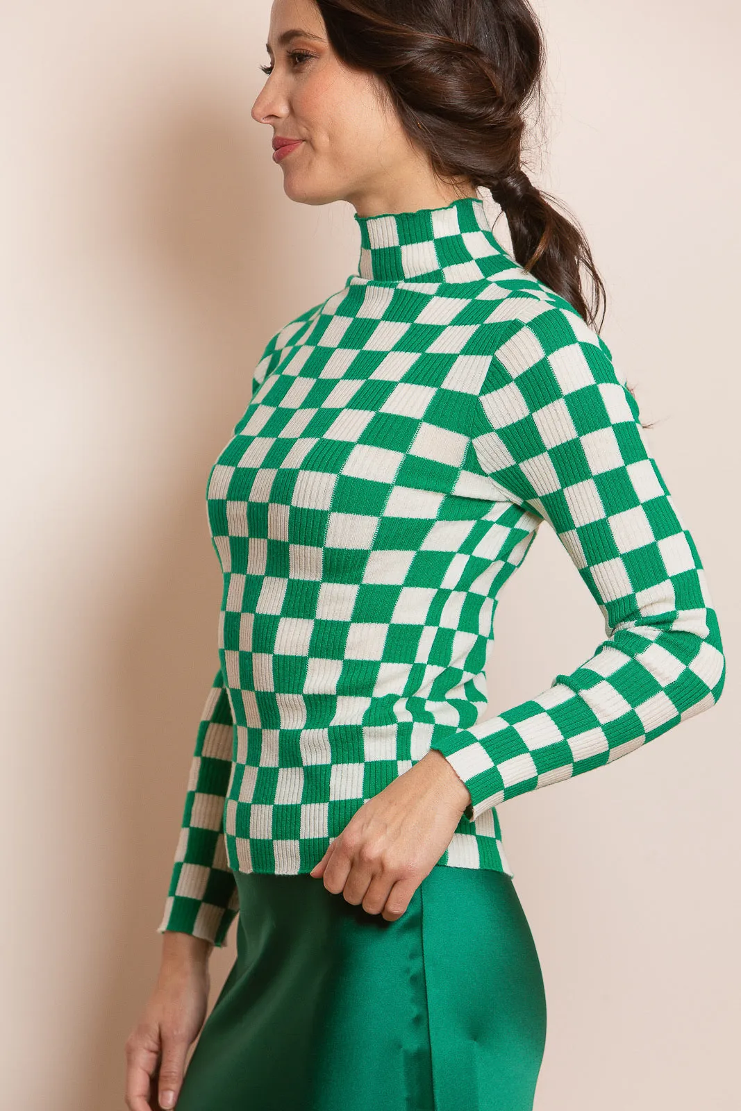 Checker Print Intarsia Turtle Neck Sweater in Green