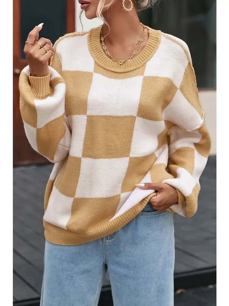 Checker Seam Exposed Crewneck Sweater