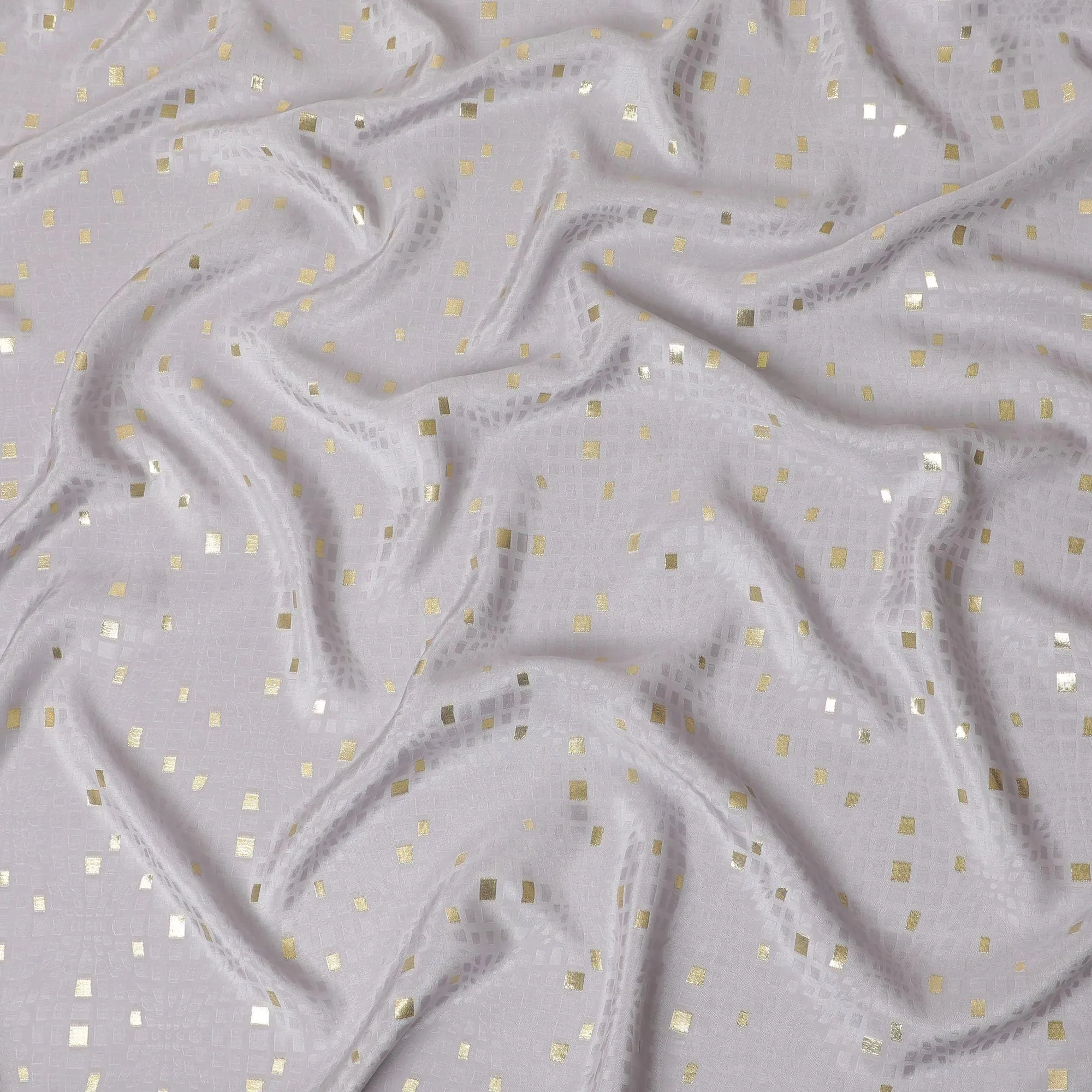 Cloud grey crepe silk fabric with gold and similar color jacquard in abstract design-D15757