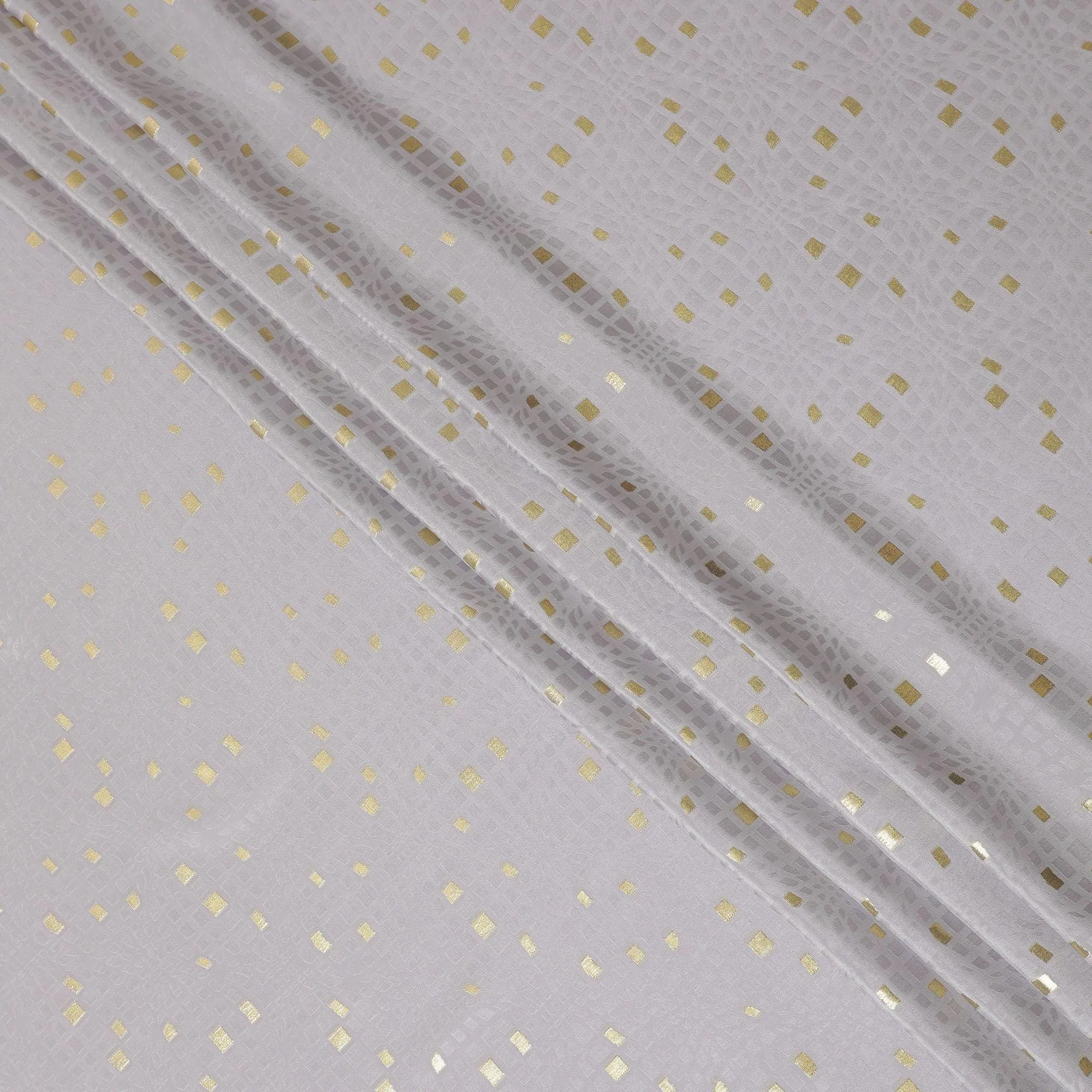 Cloud grey crepe silk fabric with gold and similar color jacquard in abstract design-D15757