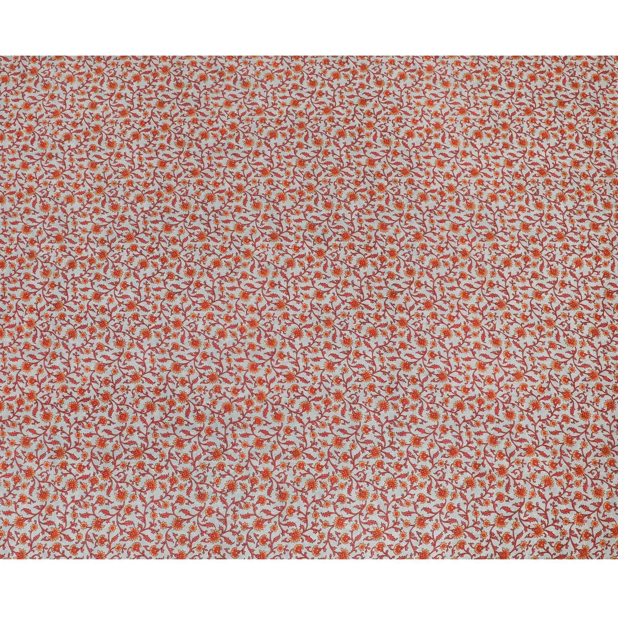 Cloud grey premium pure silk crepe fabric with pumpkin orange and red print in floral design-D12075