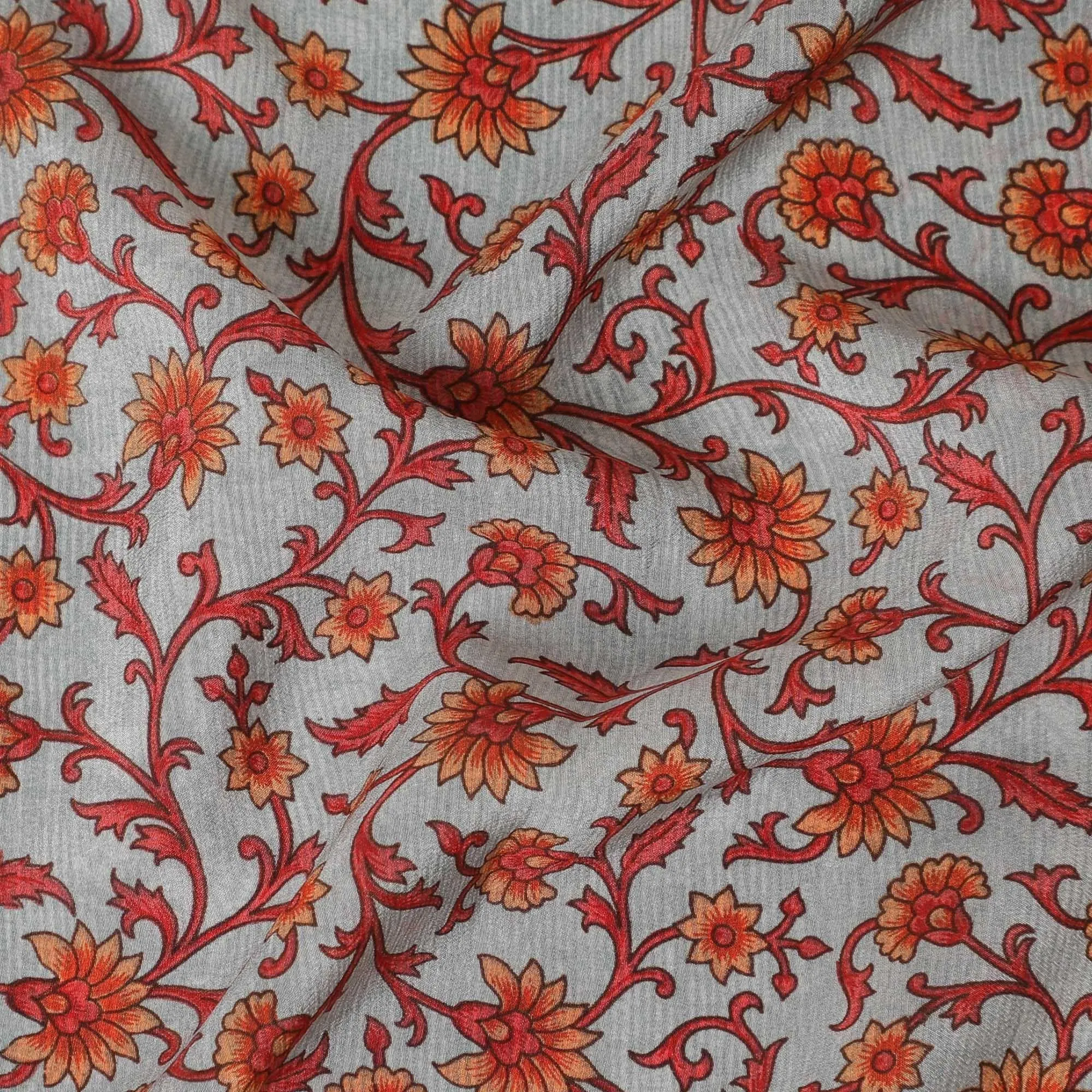 Cloud grey premium pure silk crepe fabric with pumpkin orange and red print in floral design-D12075