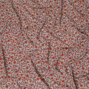 Cloud grey premium pure silk crepe fabric with pumpkin orange and red print in floral design-D12075