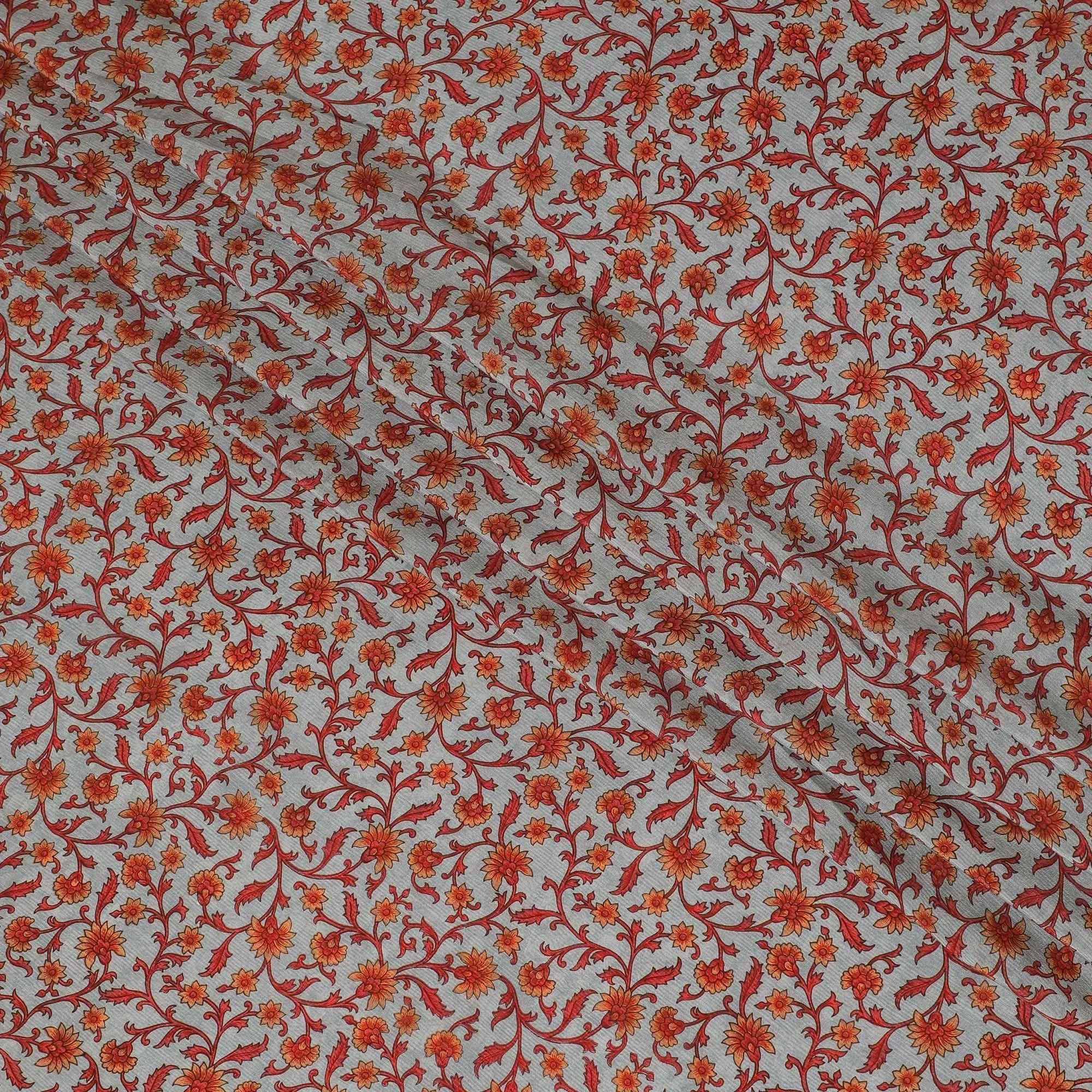 Cloud grey premium pure silk crepe fabric with pumpkin orange and red print in floral design-D12075