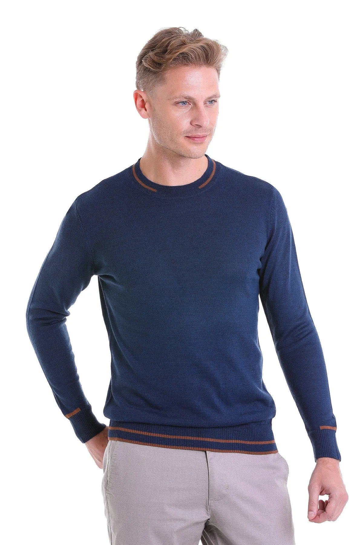 Comfort Fit Wool Blend Indigo Crewneck Sweater