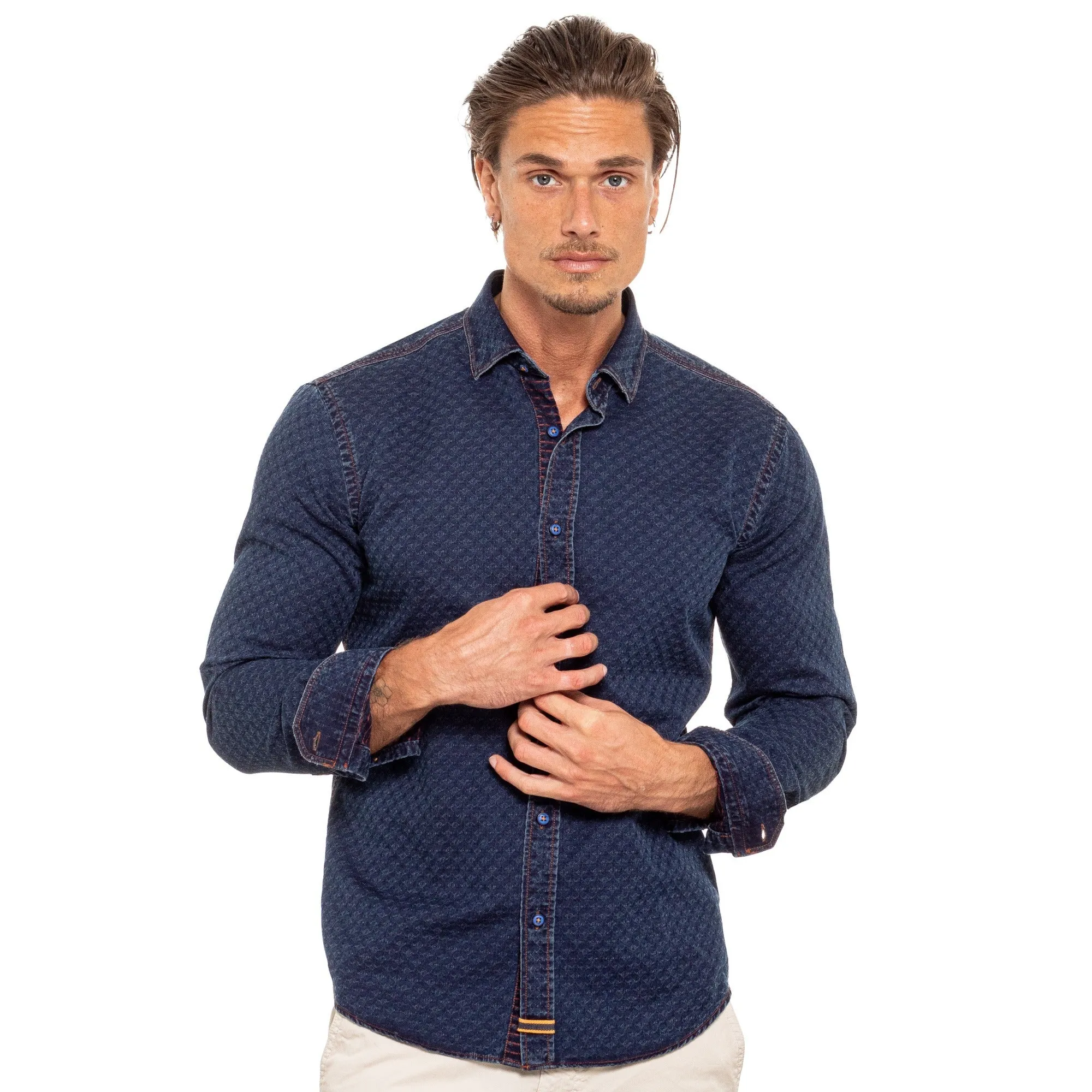 Copper Stitch Denim Jacquard Button Down Shirt