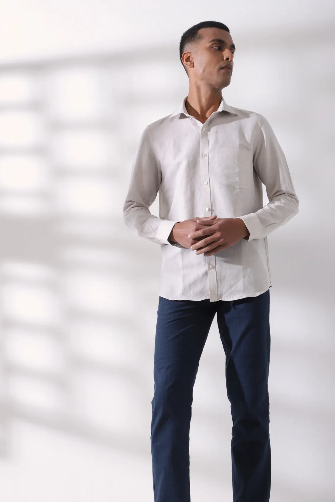 Cotton Linen Beige Plain Full Sleeve Formal Shirt