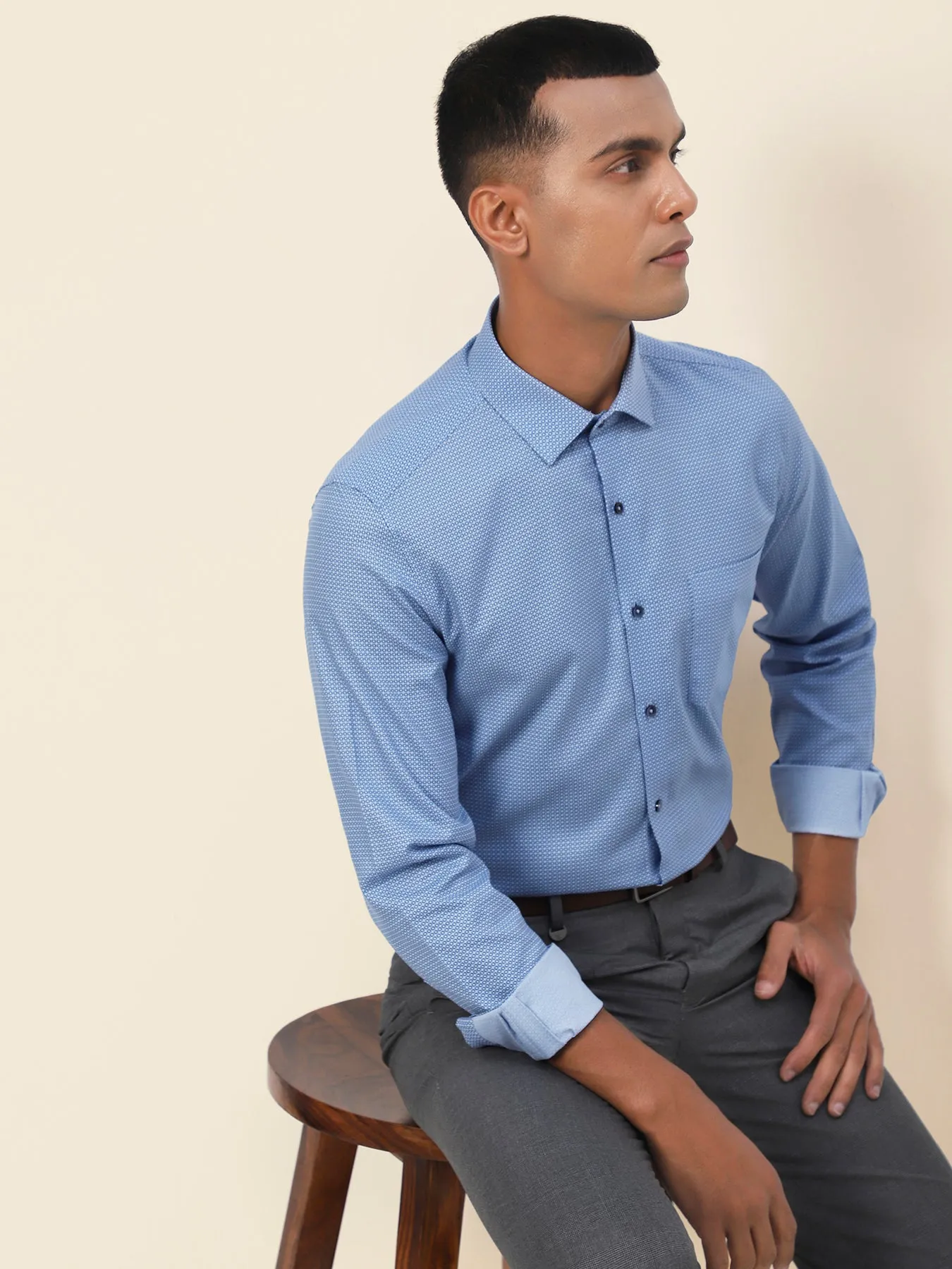 Cotton Tencel Blue Printed Full Sleeve Formal Shirt