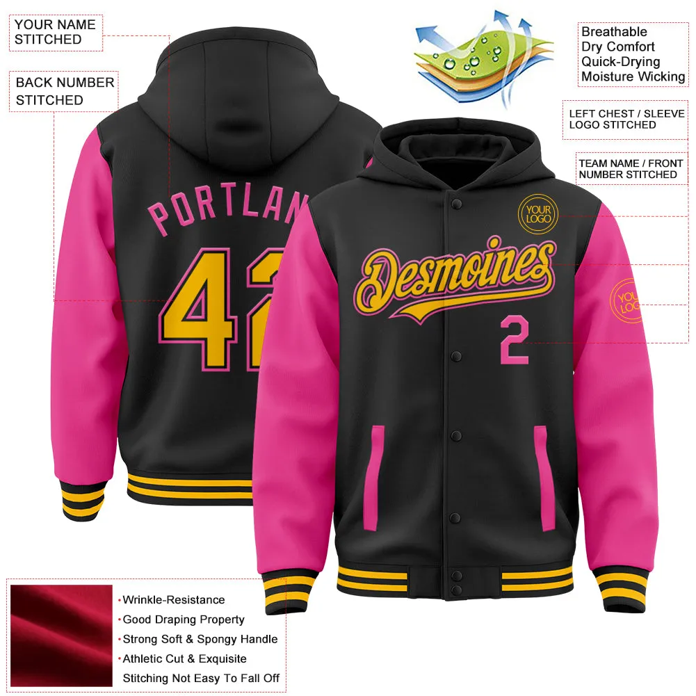 Custom Black Gold-Pink Bomber Full-Snap Varsity Letterman Two Tone Hoodie Jacket