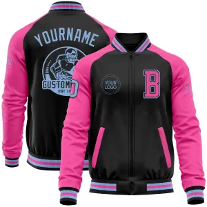 Custom Black Light Blue-Pink Bomber Varsity Letterman Two Tone Zipper Jacket