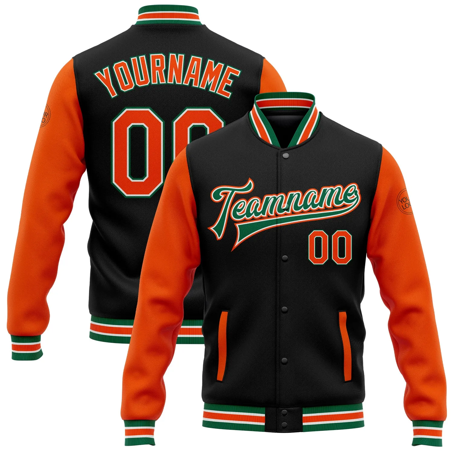 Custom Black Orange-Kelly Green Bomber Full-Snap Varsity Letterman Two Tone Jacket