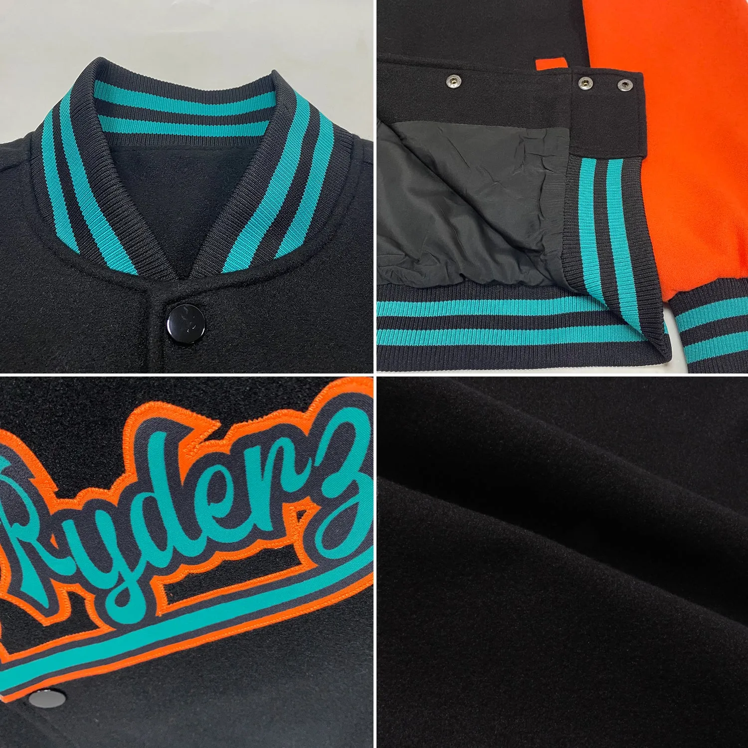 Custom Black Orange-Teal Bomber Full-Snap Varsity Letterman Two Tone Jacket