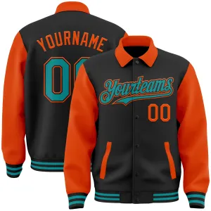 Custom Black Teal-Orange Bomber Full-Snap Varsity Letterman Two Tone Lapel Collar Byron Jacket