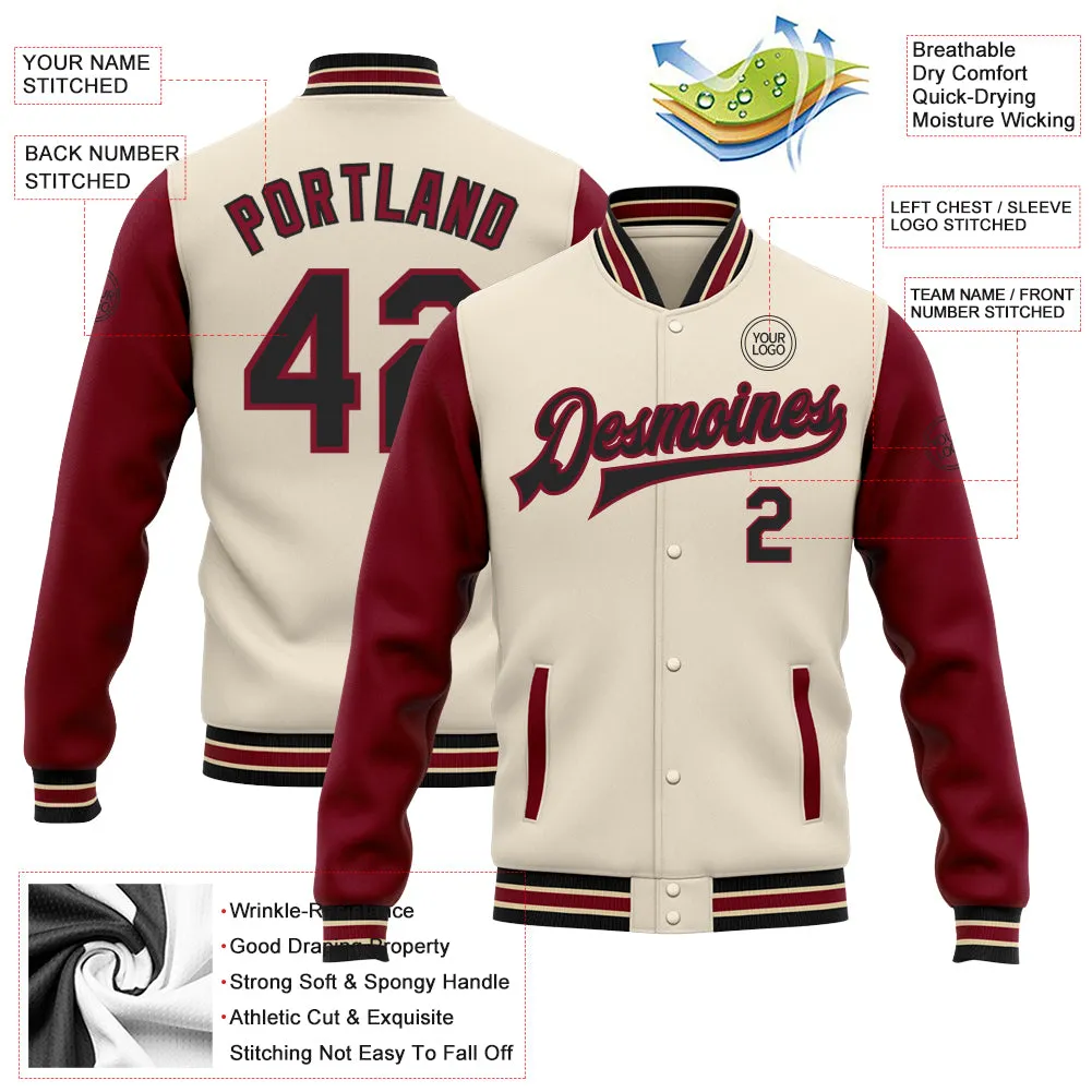 Custom Cream Black Crimson-City Cream Bomber Full-Snap Varsity Letterman Two Tone Jacket