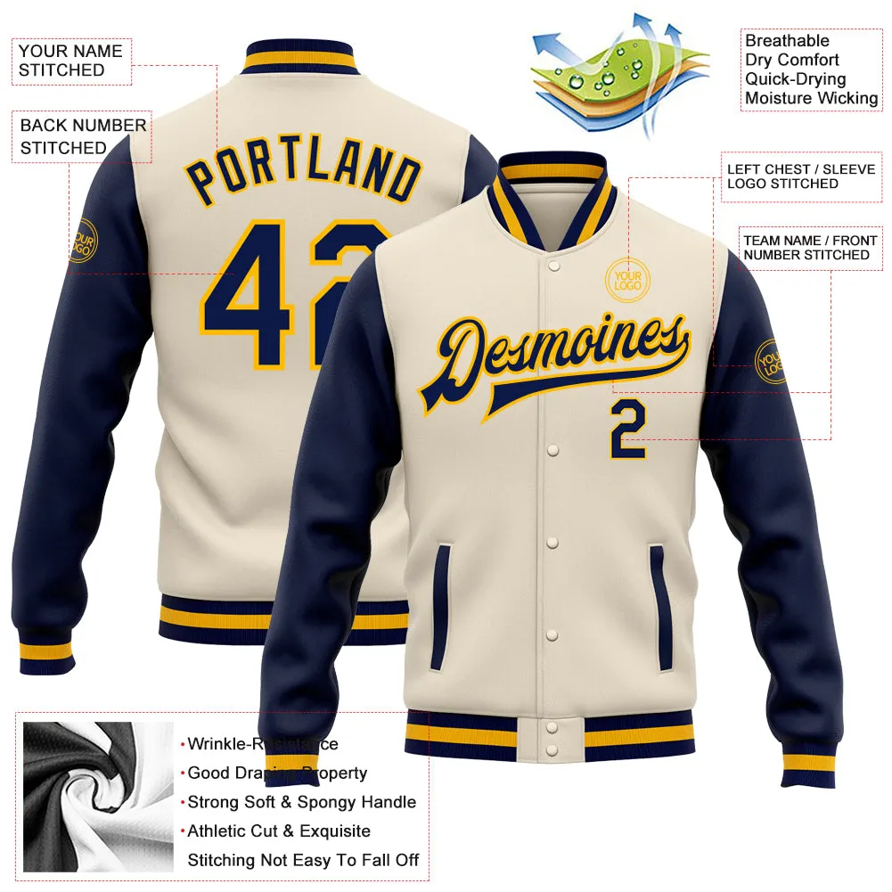 Custom Cream Navy-Gold Bomber Full-Snap Varsity Letterman Two Tone Jacket