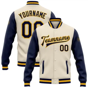 Custom Cream Navy-Gold Bomber Full-Snap Varsity Letterman Two Tone Jacket