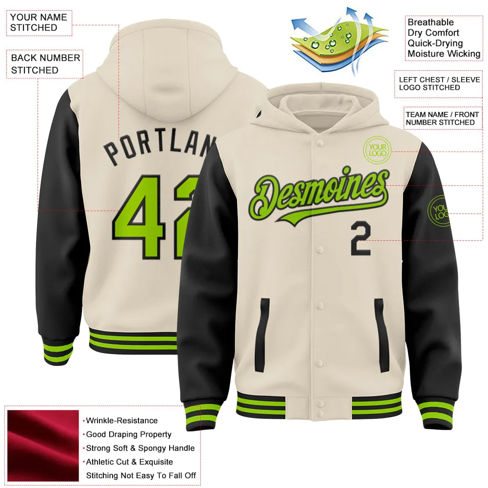 Custom Cream Neon Green-Black Bomber Full-Snap Varsity Letterman Two Tone Hoodie Jacket