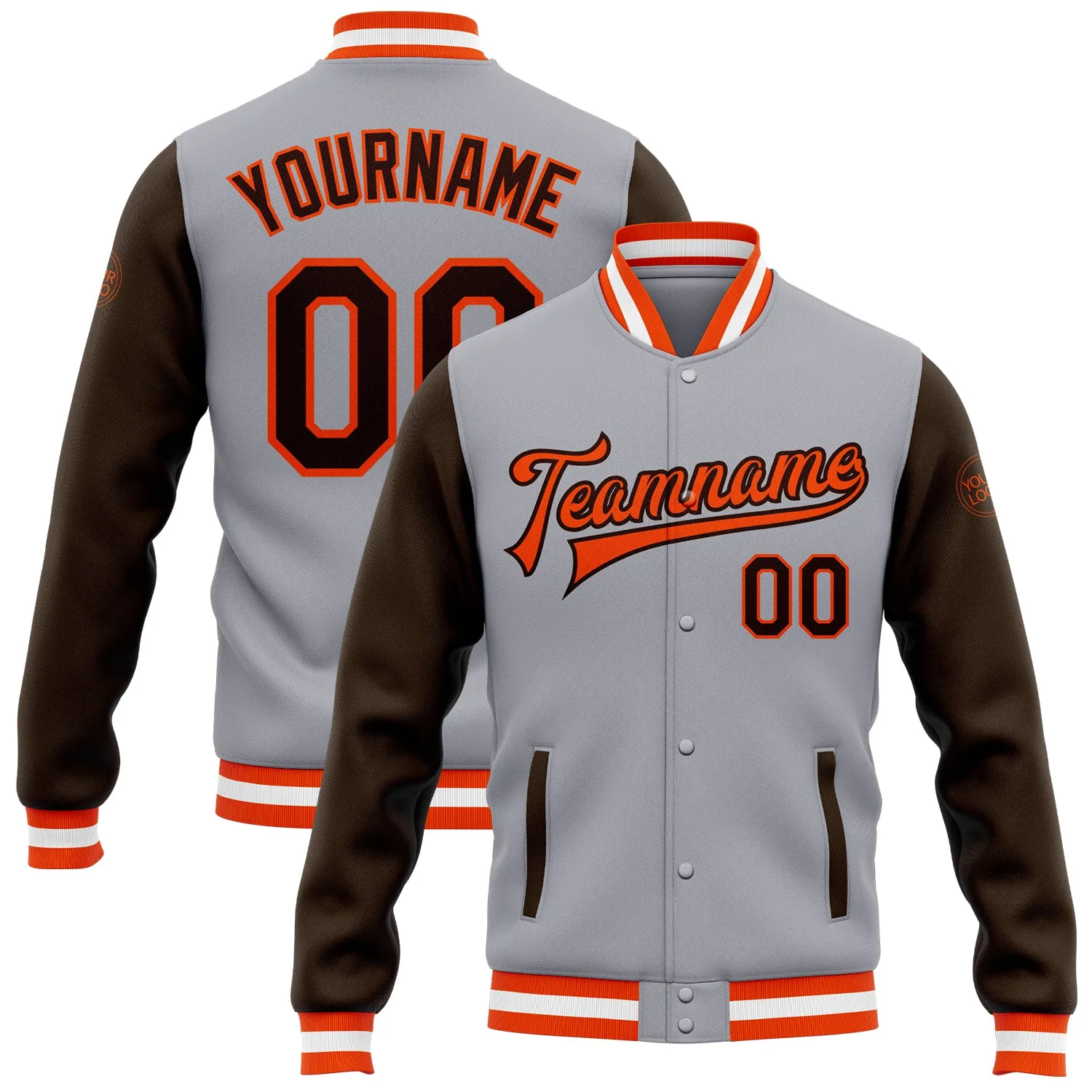 Custom Gray Brown-Orange Bomber Full-Snap Varsity Letterman Two Tone Jacket