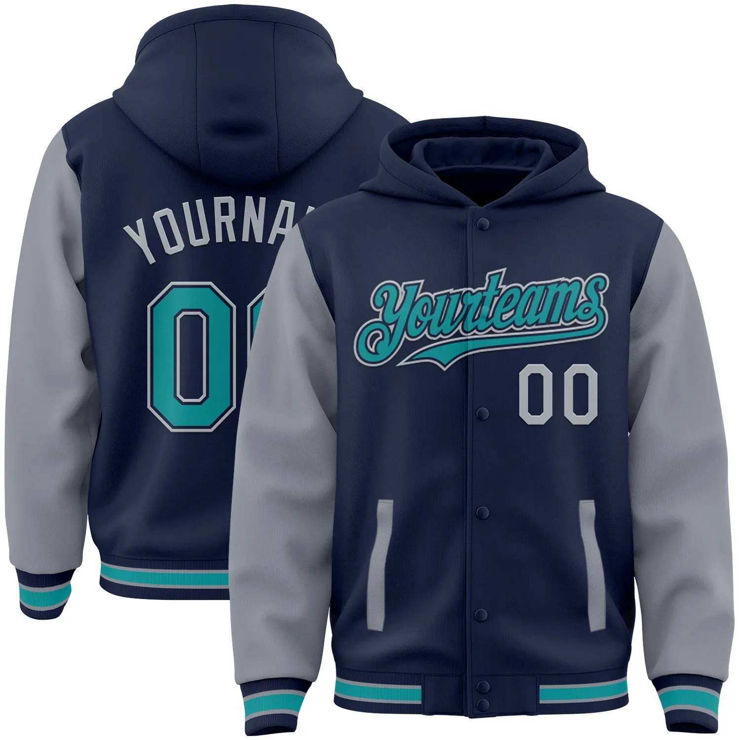 Custom Navy Teal-Gray Bomber Full-Snap Varsity Letterman Two Tone Hoodie Jacket