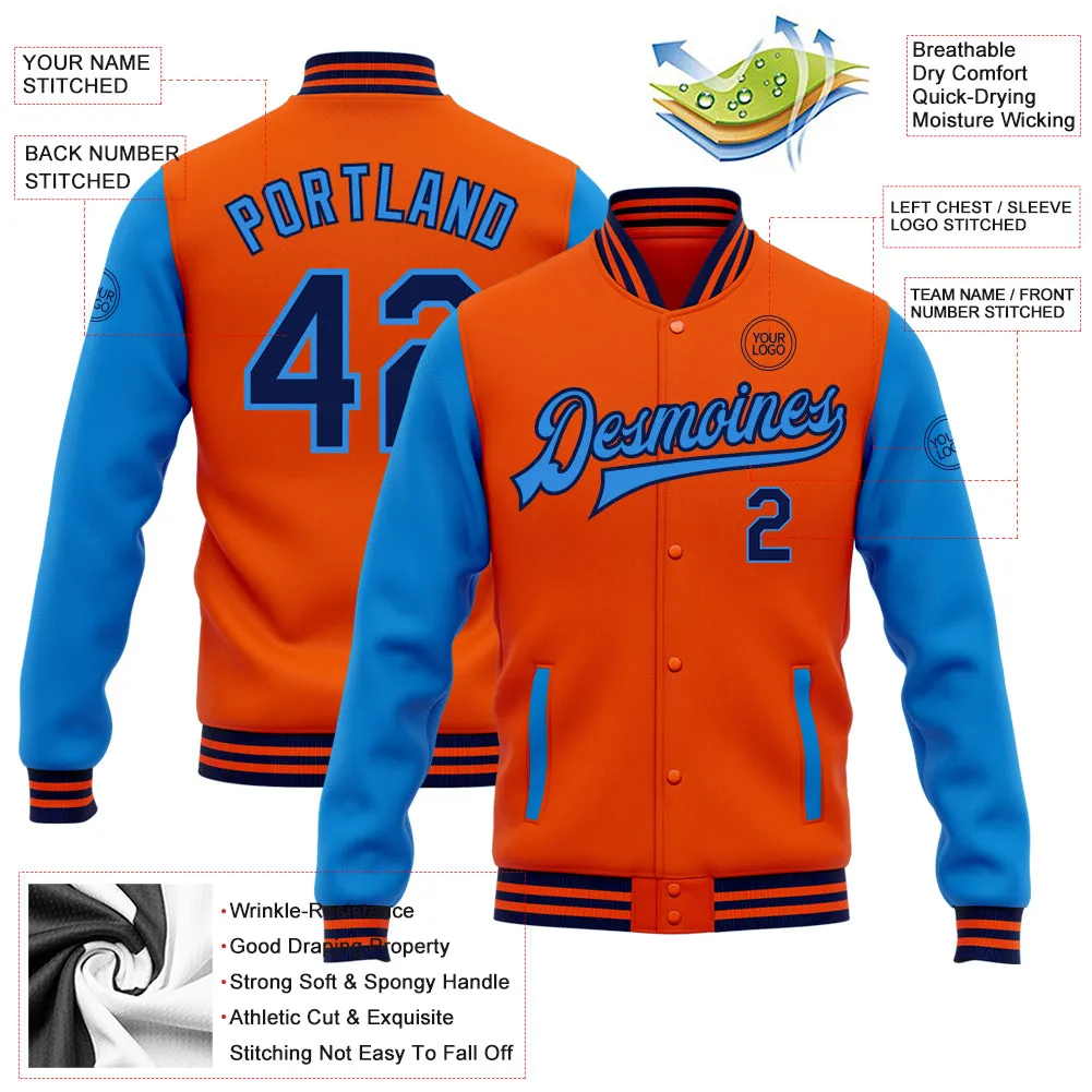 Custom Orange Navy-Powder Blue Bomber Full-Snap Varsity Letterman Two Tone Jacket