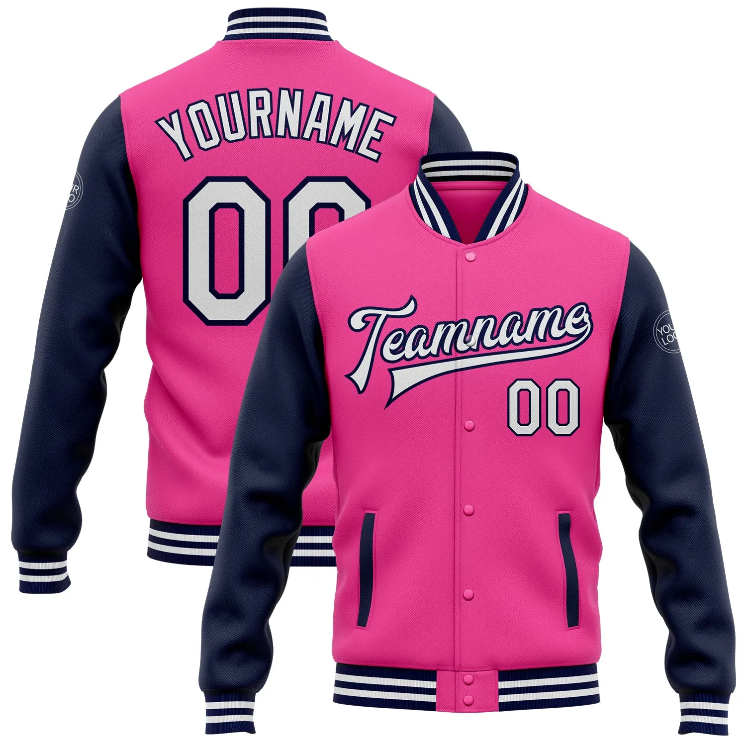 Custom Pink White-Navy Bomber Full-Snap Varsity Letterman Two Tone Jacket