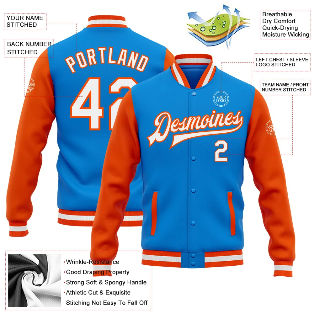 Custom Powder Blue White-Orange Bomber Full-Snap Varsity Letterman Two Tone Jacket