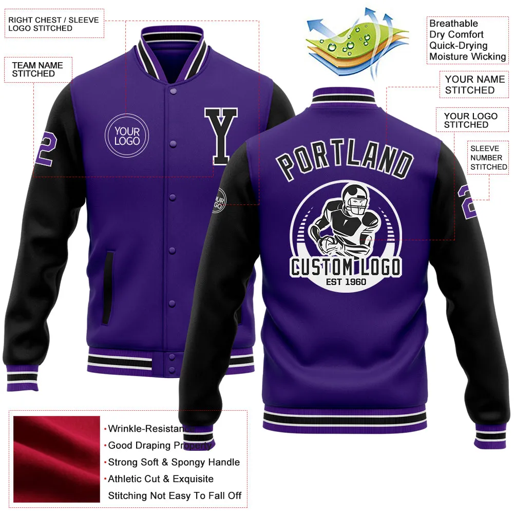 Custom Purple Black Bomber Full-Snap Varsity Letterman Two Tone Jacket