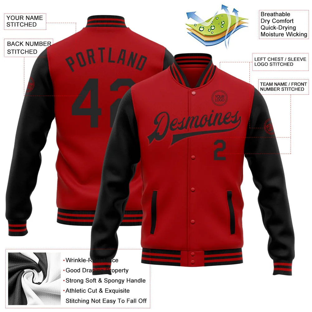 Custom Red Black Bomber Full-Snap Varsity Letterman Two Tone Jacket