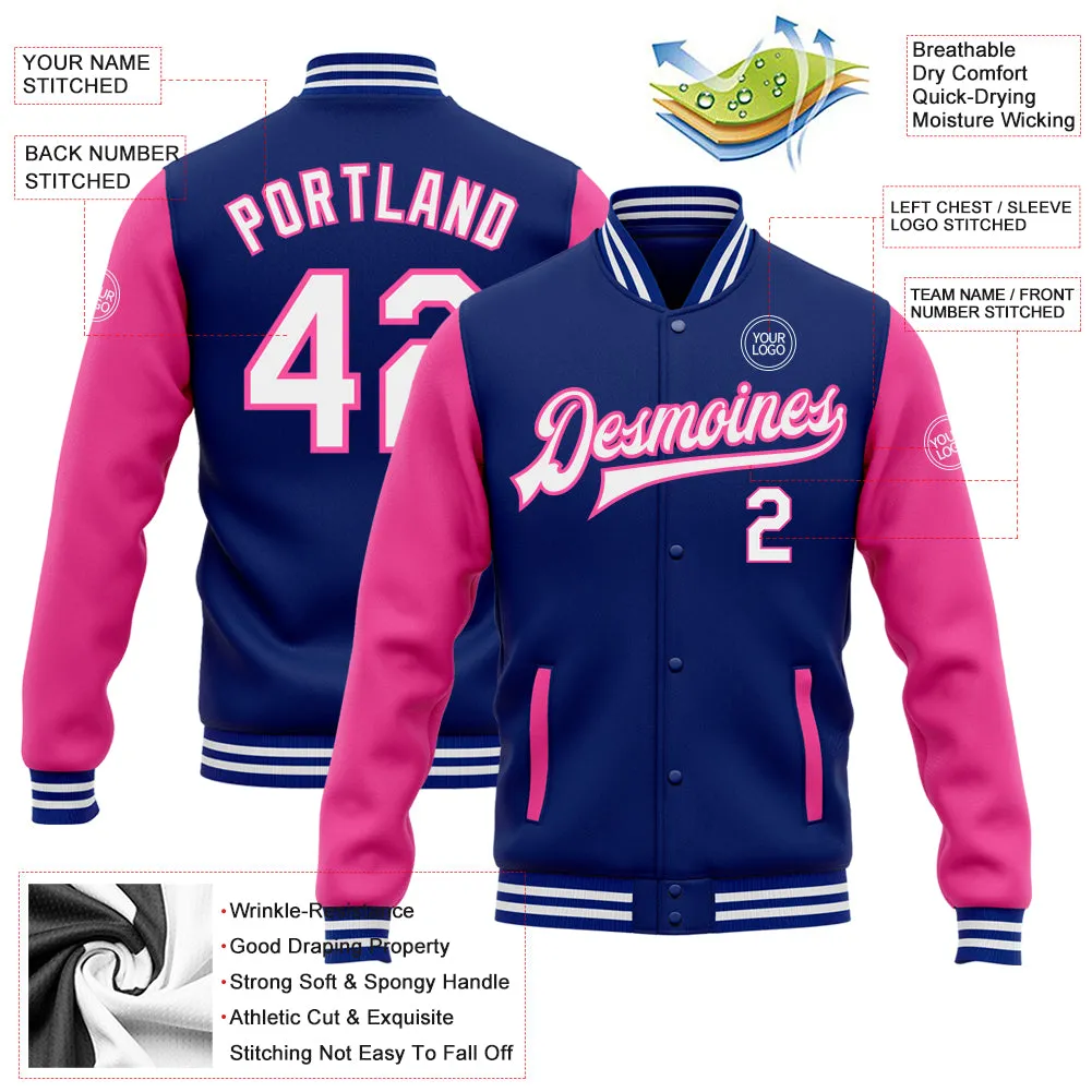 Custom Royal White-Pink Bomber Full-Snap Varsity Letterman Two Tone Jacket