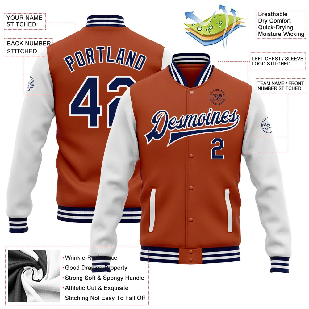 Custom Texas Orange Navy-White Bomber Full-Snap Varsity Letterman Two Tone Jacket