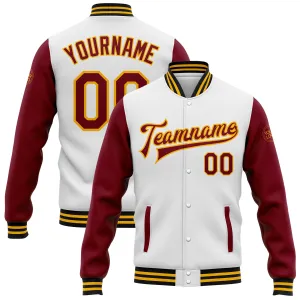 Custom White Crimson Gold-Black Bomber Full-Snap Varsity Letterman Two Tone Jacket