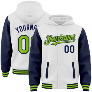 Custom White Neon Green-Navy Bomber Full-Snap Varsity Letterman Two Tone Hoodie Jacket