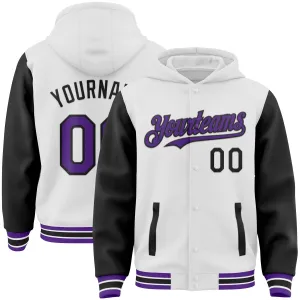 Custom White Purple-Black Bomber Full-Snap Varsity Letterman Two Tone Hoodie Jacket